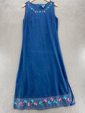 Sarin Dress Womens Small Blue Chambray Jumper Embroidered Floral Midi Sleeveless